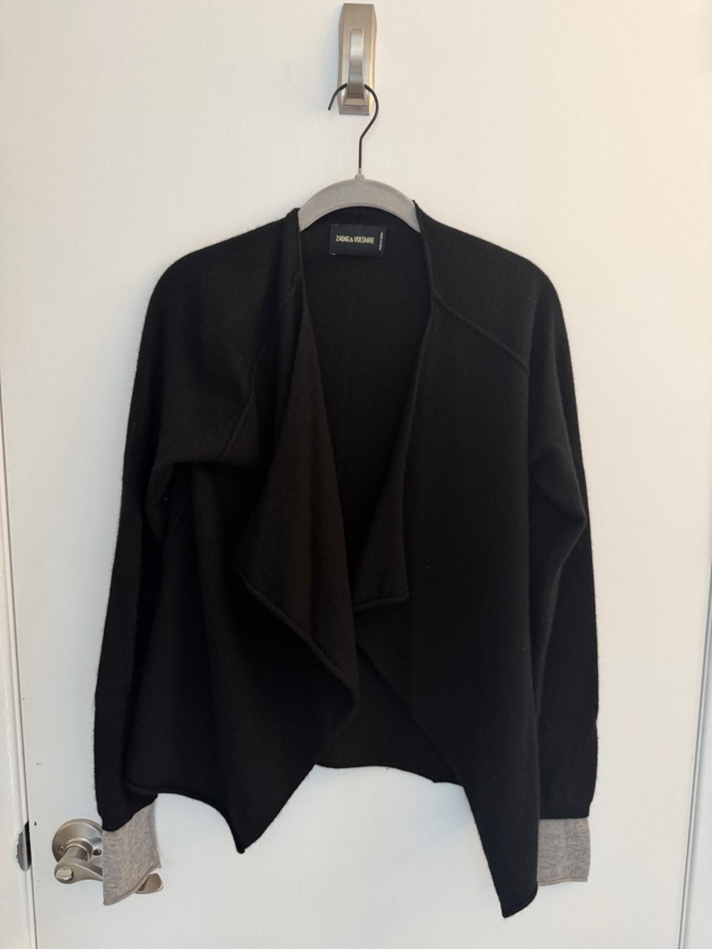 Zadig & Voltaire Black Draped Open-Front Cardigan with Gray Cuffs